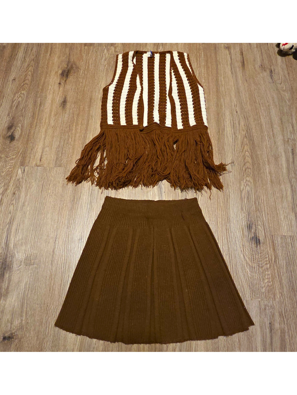 Vintage 1960s Brown Fringe Knit Vest Pleated Skirt 2 Pc Set Boho Hippie
